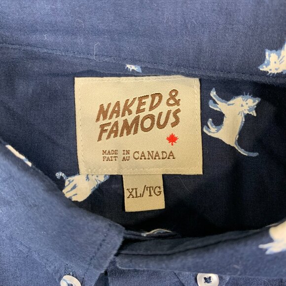Naked & Famous Mens Shirt XL Navy Blue Hand Drawn Cats Button Up Short Sleeve - Picture 5 of 10